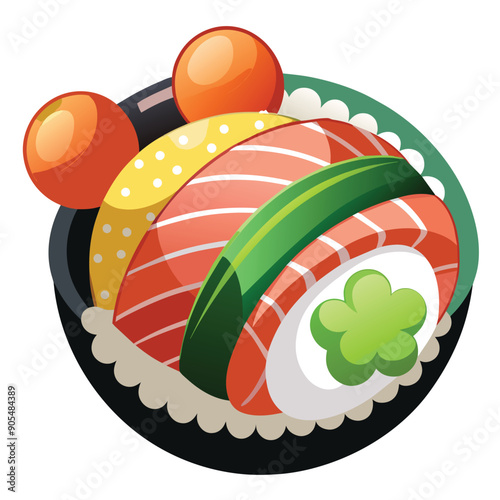 A Single Sushi Roll with Salmon, Green Leaf, and Wasabi