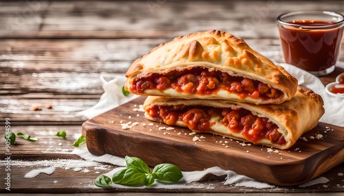 Homemade Deep Fried Italian Panzerotti Calzone with sauce on a rustic wooden board on a white wooden background, side view. Space for text.
 photo