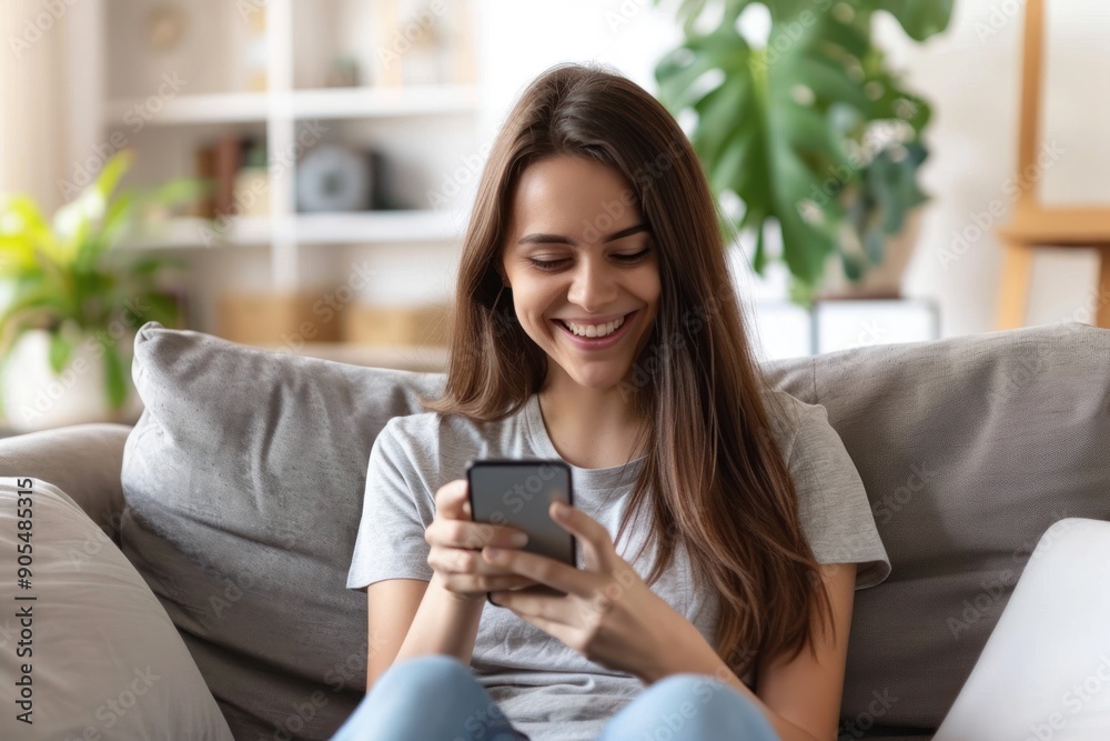 Happy smiling relaxed young woman sitting on couch using mobile smartphone, online shopping Happy smiling relaxed young woman sitting on couch using mobile smartphone, online shopping