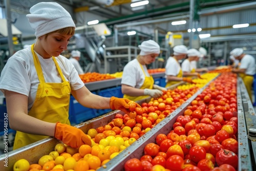 Fototapeta Naklejka Na Ścianę i Meble -  Industrial workers in a food processing plant sorting and packaging fruits and vegetables
