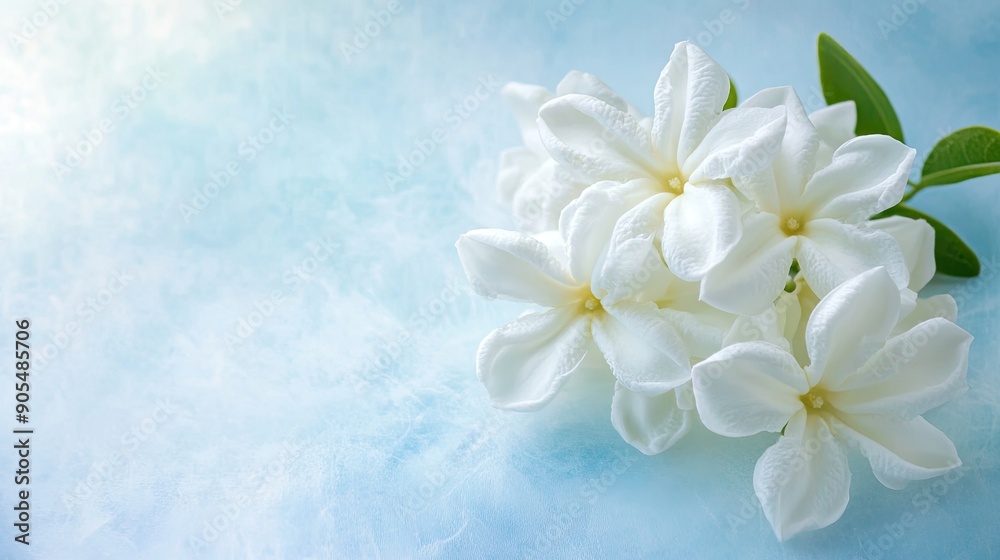 A cluster of fragrant white jasmine flowers set against a soft, light blue abstract background, providing a tranquil backdrop with room for ad content. A cluster of fragrant white jasmine flowers set against a soft, light blue abstract background, providing a tranquil backdrop with room for ad content.