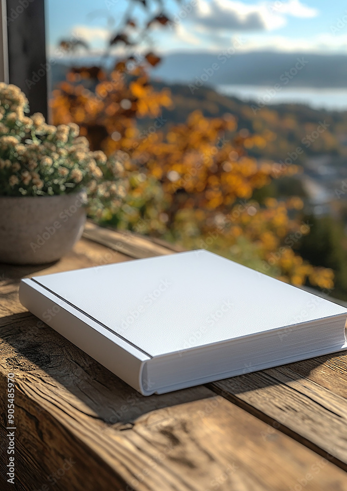 Fototapeta premium High quality 3D rendered white A4 book cover for proposals and portfolios, against a blurred backdrop