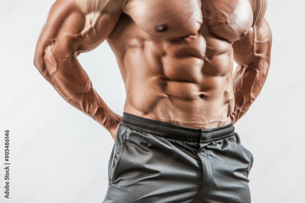 Male abdominal muscles, Bodybuilder shows abs, White background Male abdominal muscles, Bodybuilder shows abs, White background