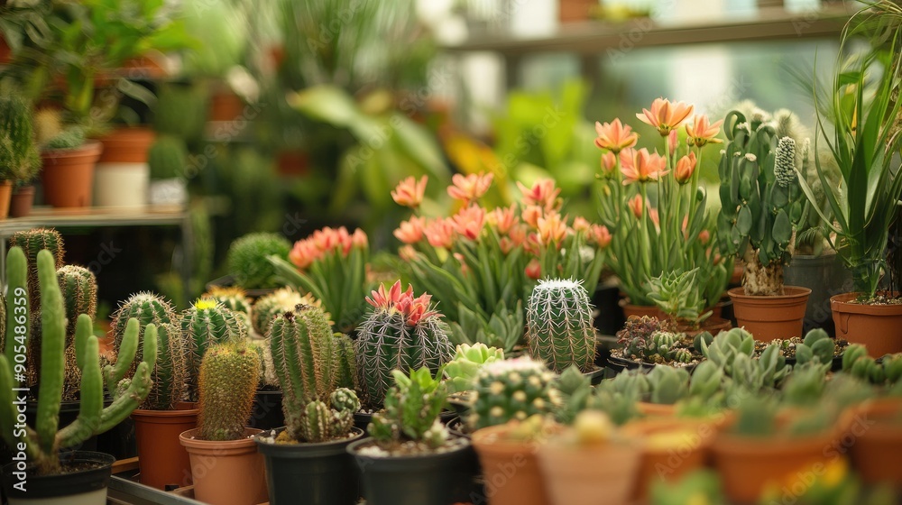 Fototapeta premium A lush cactus flower nursery filled with various air-purifying plants, set against an abstract green background, creating a refreshing atmosphere.