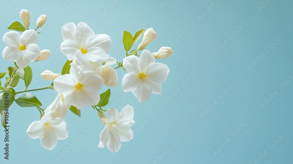 Obraz premium A serene display of white double jasmine flowers against an abstract light blue backdrop, leaving plenty of space for advertising messages and branding.