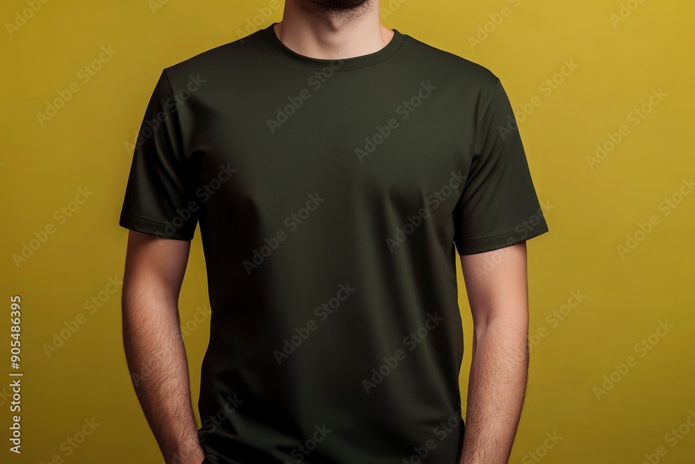 Man Wearing a Blank Green T-Shirt Against a Yellow Background Man Wearing a Blank Green T-Shirt Against a Yellow Background