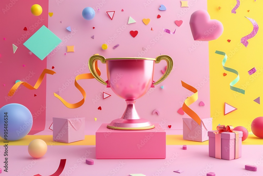 3D illustration of a victory cup, gifts and fireworks on a pink background, created with ai