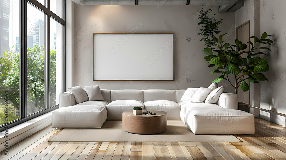 Fototapeta premium A modern living room with a large sectional sofa, a wooden coffee table, and a large framed artwork. The room is decorated in a minimalist style with light colors and natural textures.