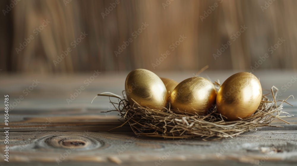 A nest of gold eggs sits on a wooden table A nest of gold eggs sits on a wooden table