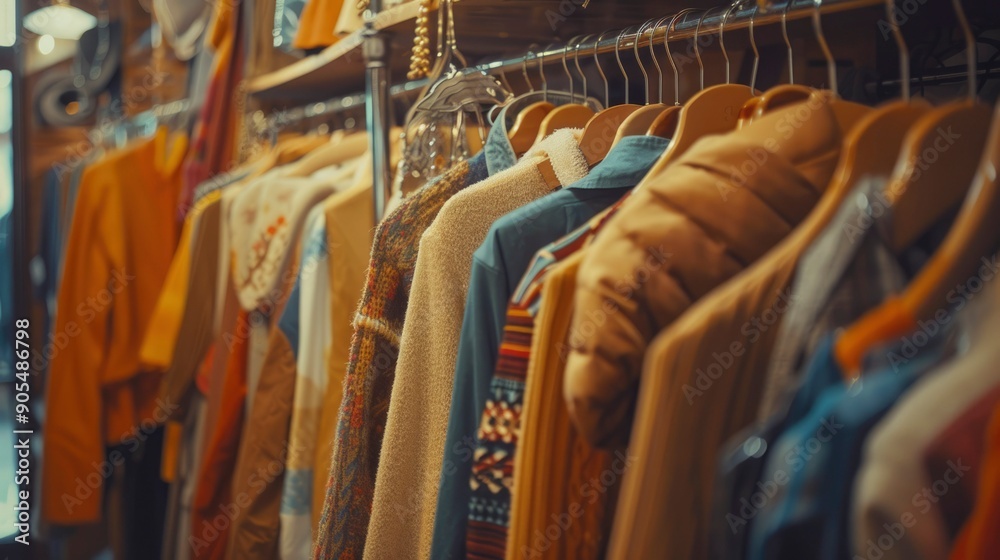 Close-up of a Row of Clothes Hanging on Wooden Hangers in a Shop Close-up of a Row of Clothes Hanging on Wooden Hangers in a Shop