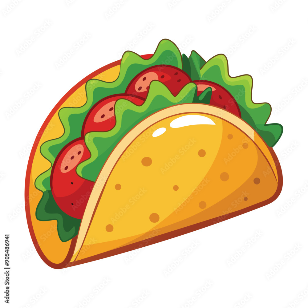 A cartoon illustration of a single taco with lettuce and tomato filling. A cartoon illustration of a single taco with lettuce and tomato filling.