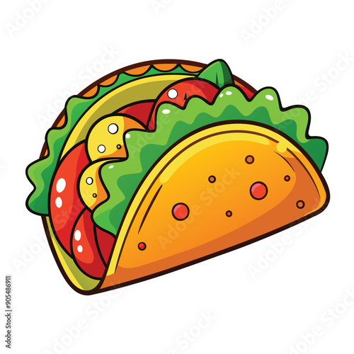 A cartoon illustration of a yellow taco with red and green fillings