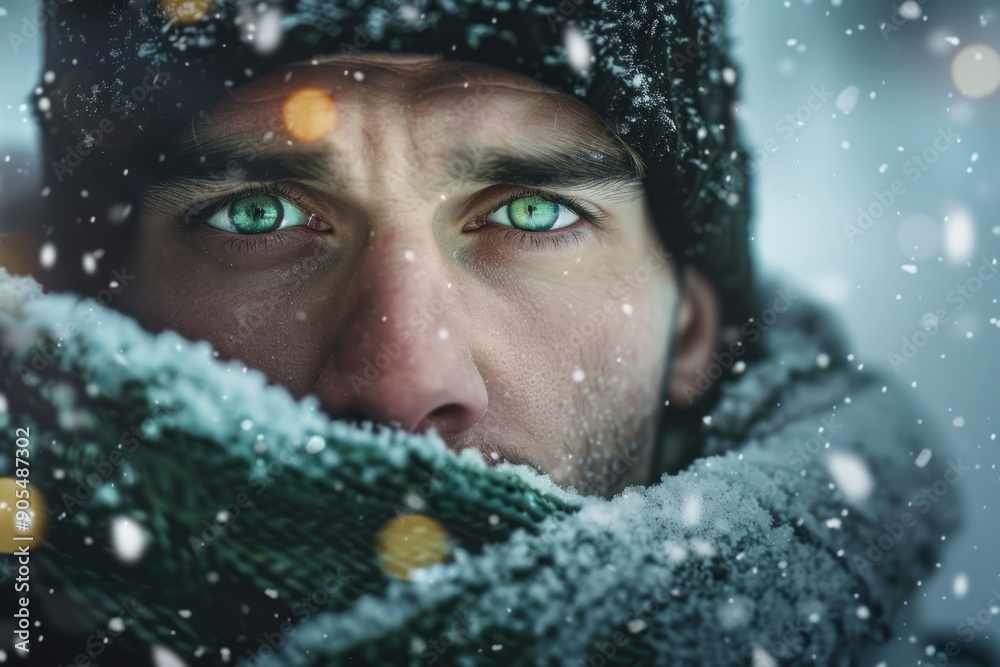 Portrait of a man with striking green eyes in winter attire, with softly falling snow and glowing lights Portrait of a man with striking green eyes in winter attire, with softly falling snow and glowing lights