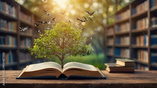 The concept of education by planting knowledge trees and birds flying to the future to open old books in the library, beautiful blurred background
