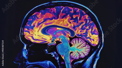 A PET scan image of the human brain, showing areas of high and low metabolic activity with vibrant color contrasts, set against a dark background to enhance the visibility of the functional regions,
