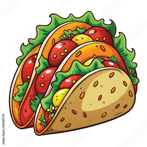 A Cartoon Illustration of a Delicious Taco with Tomatoes, Lettuce, and Cheese