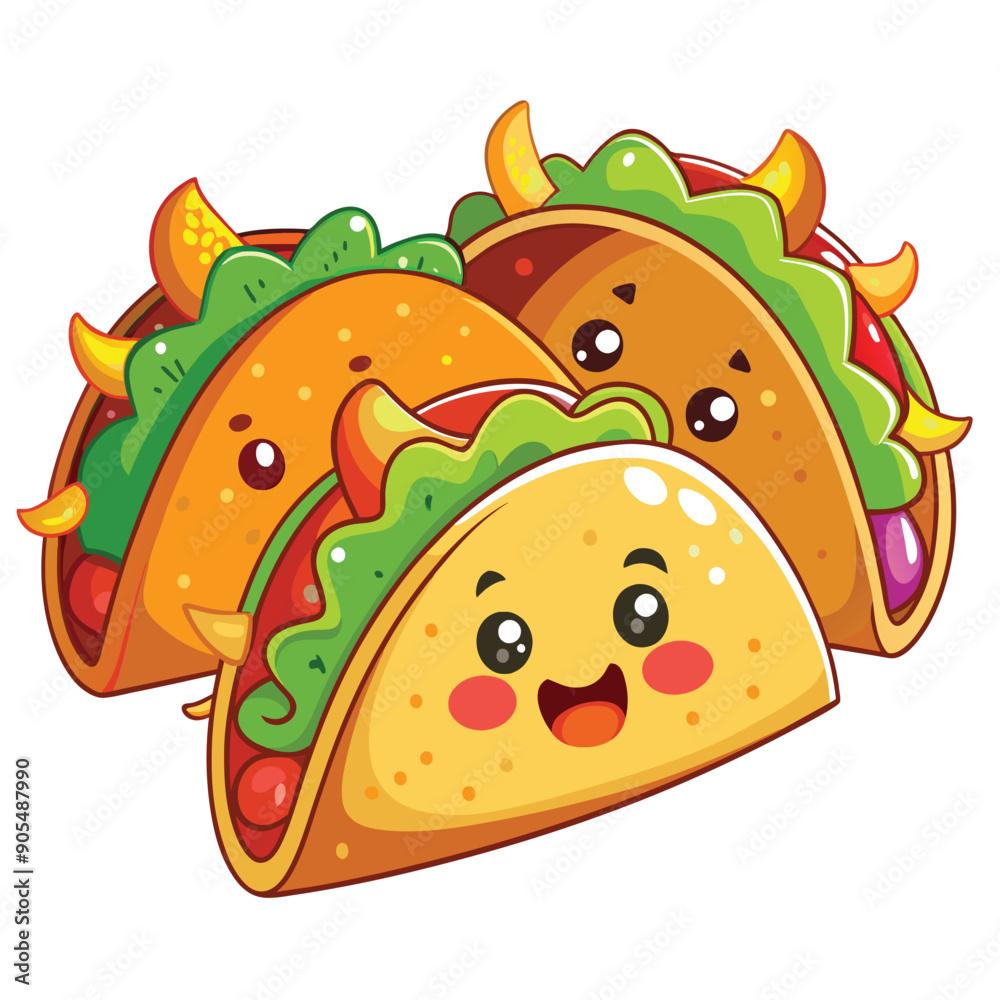 Three Cartoon Tacos with Happy Faces and Toppings Three Cartoon Tacos with Happy Faces and Toppings