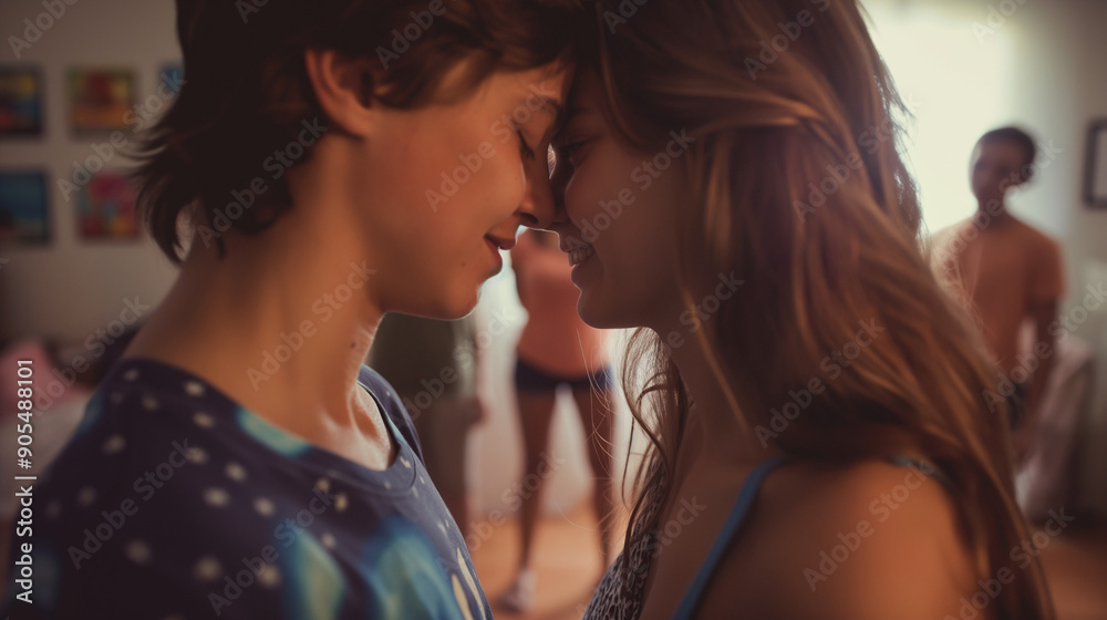 Naklejka premium Teen couple nearly kissing at a party, playing Spin the Bottle.