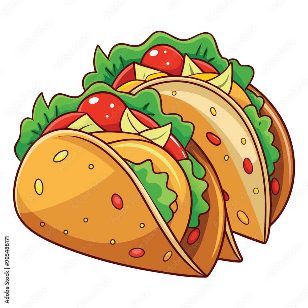 Two Cartoon Tacos with Lettuce, Tomatoes, and Cheese Two Cartoon Tacos with Lettuce, Tomatoes, and Cheese