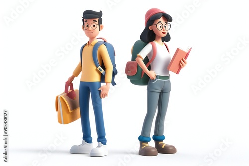 Male and female students characters with books and backpacks. Cartoon 3D illustration set of man and woman going to school, generated by ai
