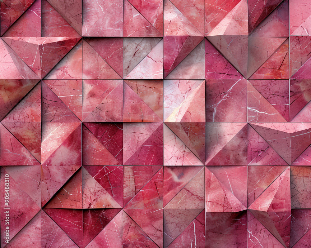 Naklejka premium Pink Marble Geometric - geometric, pattern, texture, pink, abstract, triangle, square, mosaic, background, design, tile, art, modern, decorative, surface, symmetry