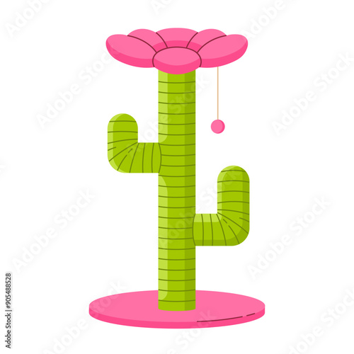 Cat furniture for sleep and plays. Cat cactus tree tower with climbing platforms, cat house and scratching post. Pet house with ball, condo tower. Isolated vector illustration in cartoon style