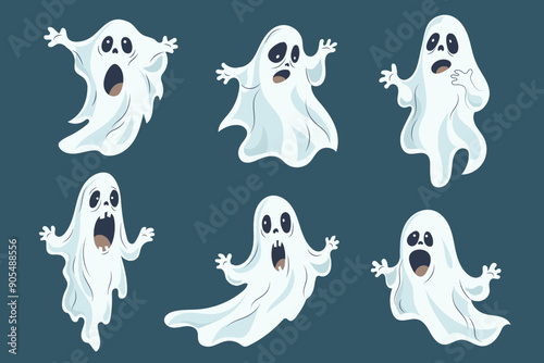 Doodle cute hand drawn ghosts halloween vector illustration set Happy phantom character design elements Isolated october holiday spooky mascot with emotion expression Funny spirits with different face
