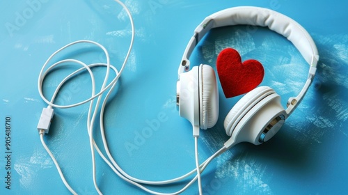 White Headphones and Red Heart on Blue Background
