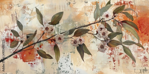 An elaborate artistic portrayal showcases an Australian eucalyptus blossom branch with green leaves and pinkishwhite flowers set against an abstract, textured background in earthy hues photo