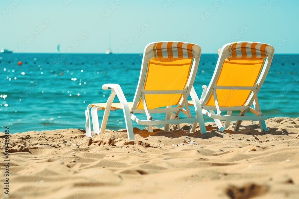 Sun Chairs on the sandy beach near the sea. Summer holiday and vacation background Sun Chairs on the sandy beach near the sea. Summer holiday and vacation background