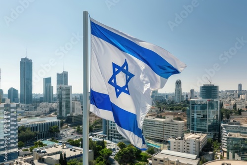 The flag of Israel, featuring the Star of David, waves prominently against a backdrop of modern city building