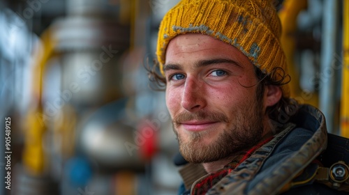 Young Man With Blue Eyes Wearing a Knitted Yellow Beanie Smiling in Industrial Setting