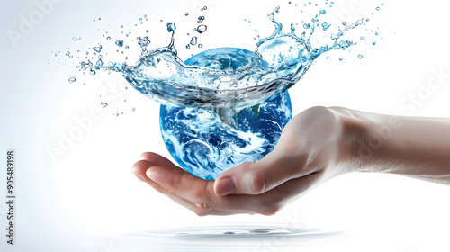 Human Hands holding water splash earth globe isolated on white background