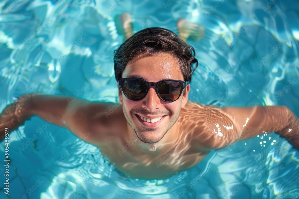 Naklejka premium top view Portrait of a smiling young man in black sunglasses swimming in swimming pool