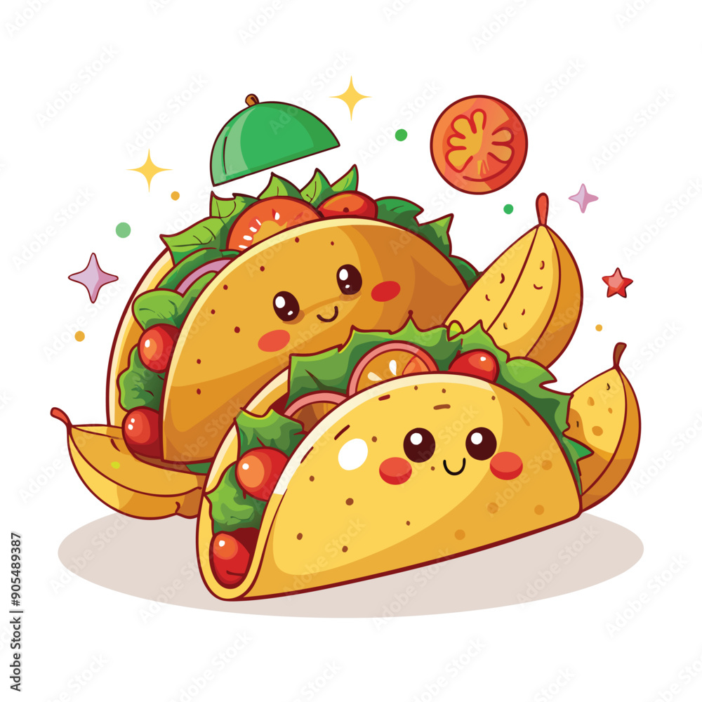 Two Smiling Cartoon Tacos with Toppings and a Green Lid Two Smiling Cartoon Tacos with Toppings and a Green Lid