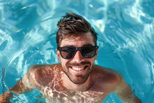 top view Portrait of a smiling young man in black sunglasses swimming in swimming pool