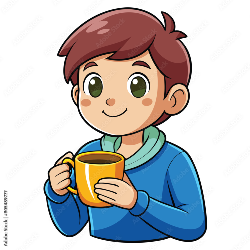 Cartoon Boy with Brown Hair Holding a Yellow Mug Cartoon Boy with Brown Hair Holding a Yellow Mug