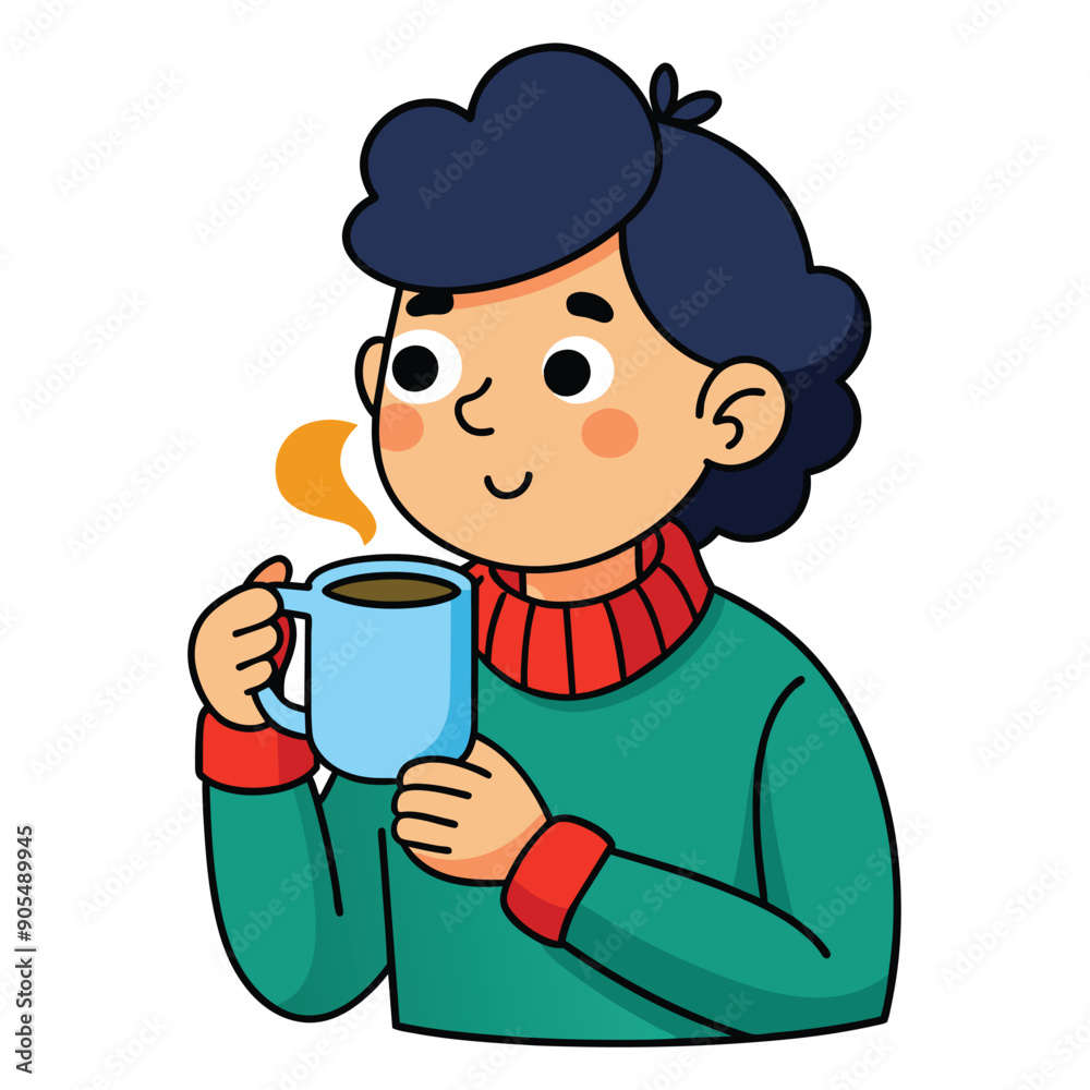 A cartoon person with short dark hair, wearing a green sweater and red turtleneck, holds a blue mug of steaming coffee. A cartoon person with short dark hair, wearing a green sweater and red turtleneck, holds a blue mug of steaming coffee.