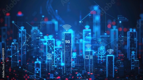 Cityscape with 5G network icons and digital waves, representing the ultra-fast communication speeds and widespread connectivity of next-generation technology. 