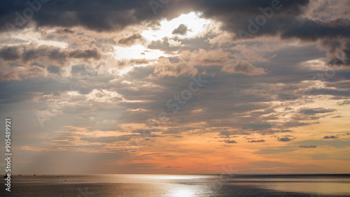 A Landscape of on the sea with red clouds and red sky at sunrise like a oil painting