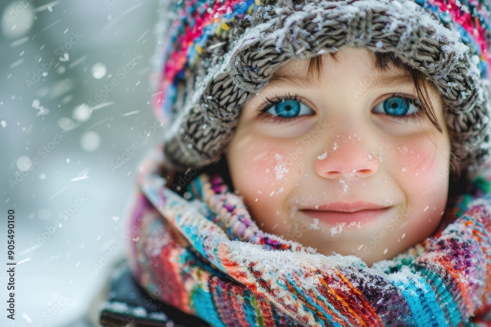 Winter Portrait of a Young kid in Snow with Warm Hat and Scarf Winter Portrait of a Young kid in Snow with Warm Hat and Scarf