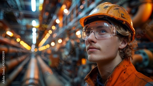 Young Engineer Observing Industrial Equipment in a Dimly Lit Factory Setting During Morning Shift