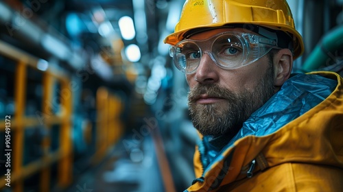 Worker in Safety Gear Inside Industrial Facility During Daytime Operations