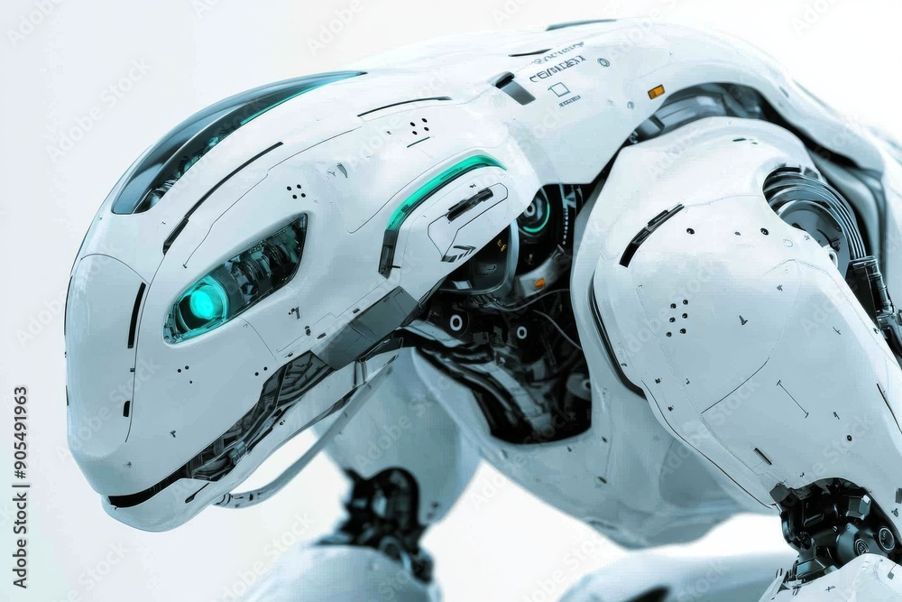 Fototapeta premium Detailed view of a robotic head with sophisticated sensory modules showcasing the pinnacle of machine perception.