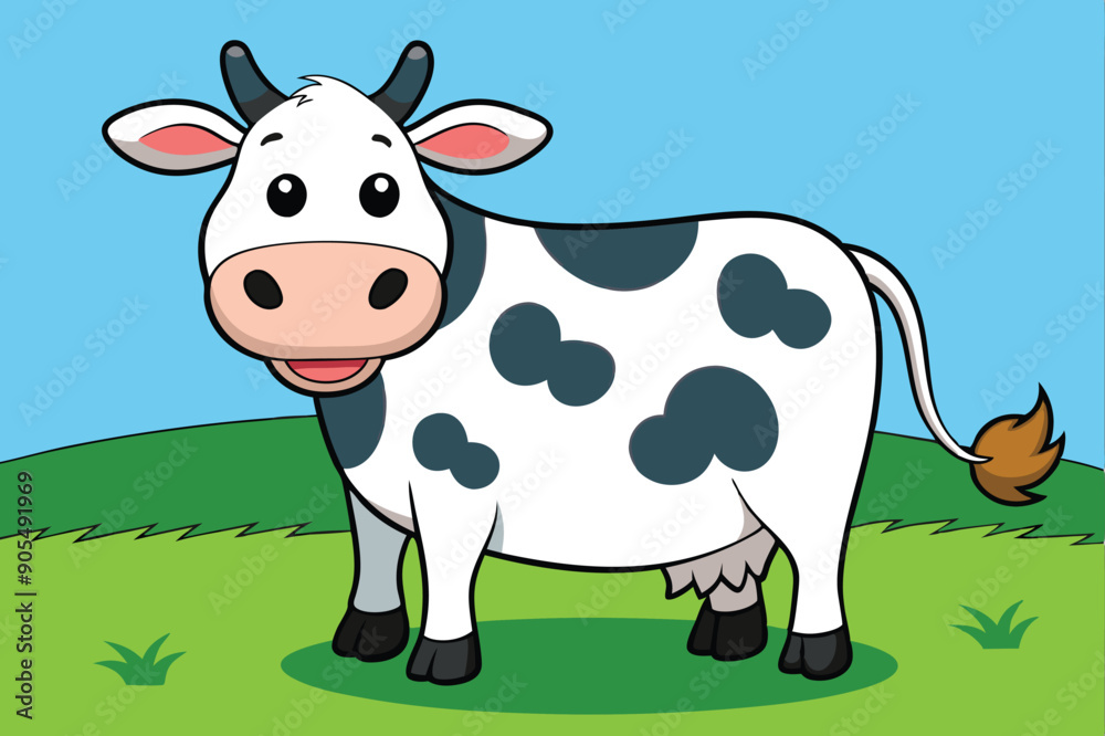 A full-length cow standing in a meadow eating grass art vector A full-length cow standing in a meadow eating grass art vector