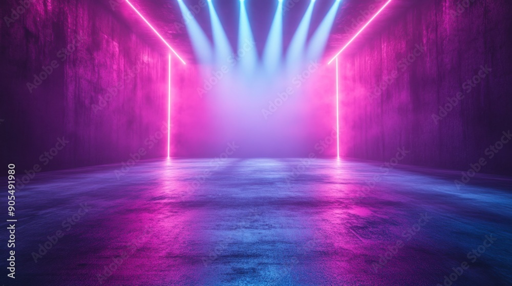 Obraz premium Abstract neon rays shining on a futuristic empty stage, creating a mesmerizing atmosphere.