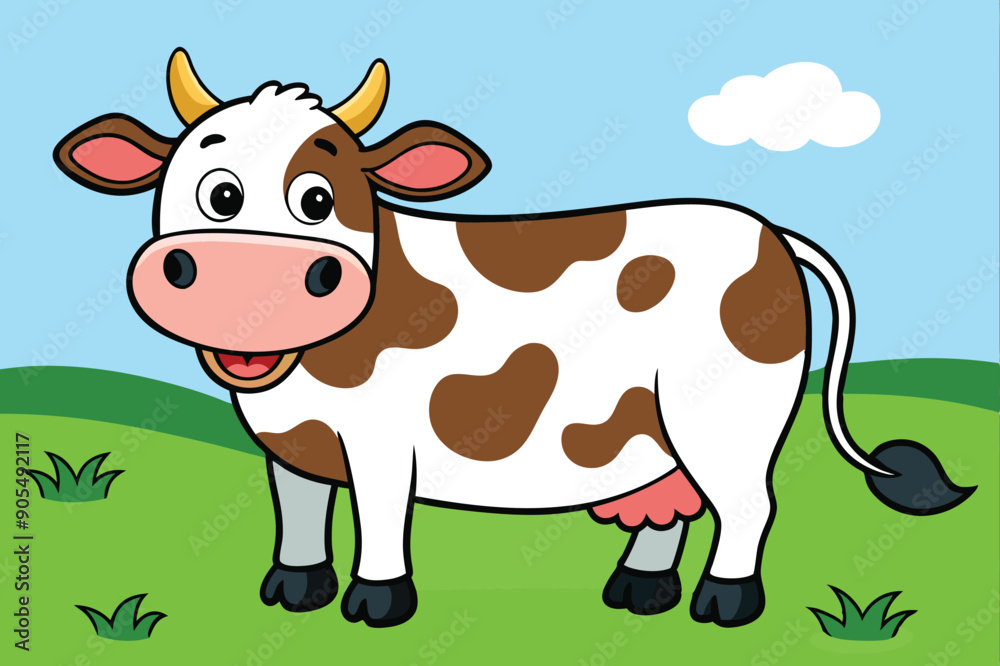 A full-length cow standing in a meadow eating grass art vector A full-length cow standing in a meadow eating grass art vector