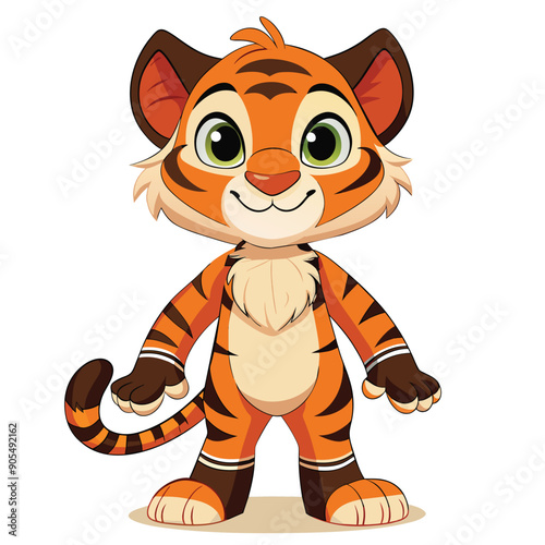 Cartoon Tiger Cub with Orange and Black Stripes Standing on White Background