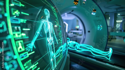 A clear nuclear medicine image showing the distribution of a radiotracer within the body, highlighting areas of high uptake, set in a specialized imaging center with advanced technology