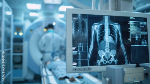 A clear nuclear medicine image showing the distribution of a radiotracer in the bones, highlighting areas of high uptake, set in a specialized imaging center with advanced technology photo